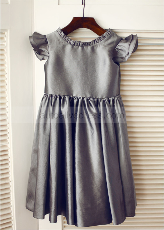 Flutter Cap Sleeves Gray Taffeta Knee Length Flower Girl Dress